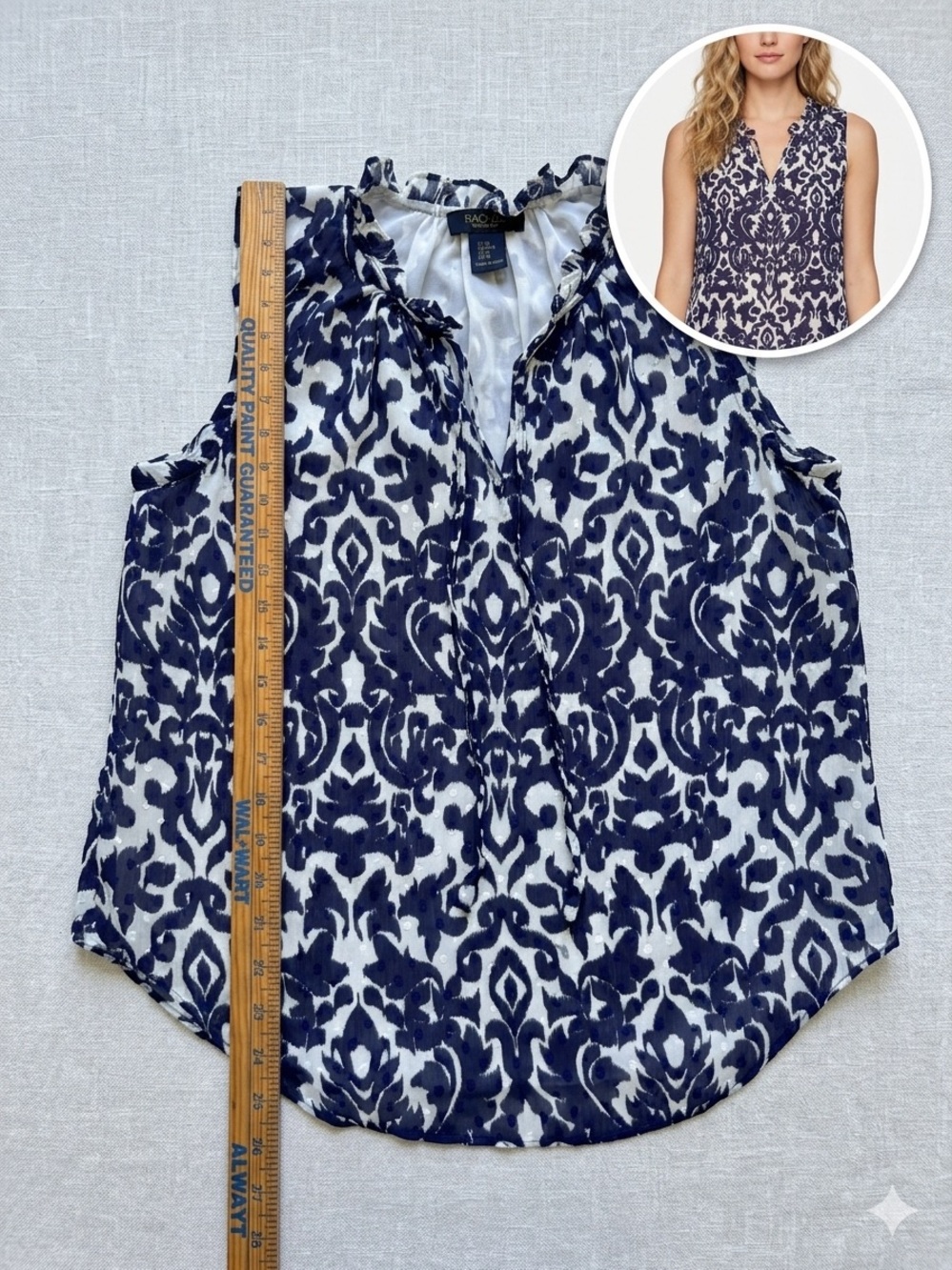 RACHEL Rachel Roy‎ Navy and White Printed V-Neck Sleeveless lined Blouse Medium